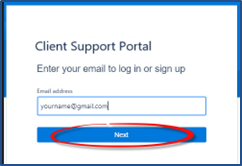 Image of the Client Support Portal Registration window. Enter email and click Next.
